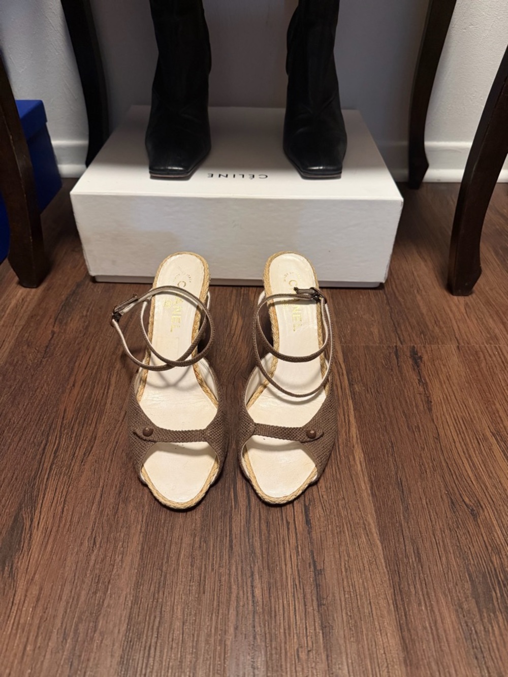 CHANEL Brown Espadrille Wedge Sandals with Ankle Straps